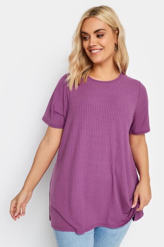 YOURS Plus Size Purple Ribbed T-Shirt | Yours Clothing 1