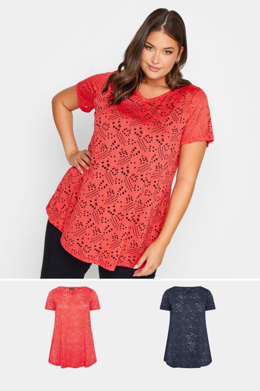 Plus Size  YOURS Curve 2 PACK Red & Navy Blue Broderie Swing T-Shirts