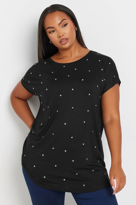 YOURS Plus Size Black Star Embellished Short Sleeve Top | Yours Clothing 1