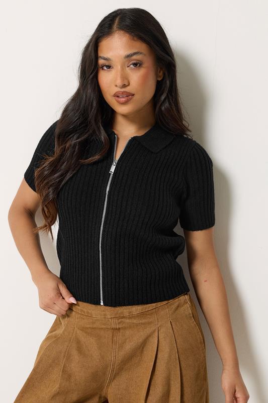  PixieGirl Petite Cardigan zippé à manches courtes noir en maille 