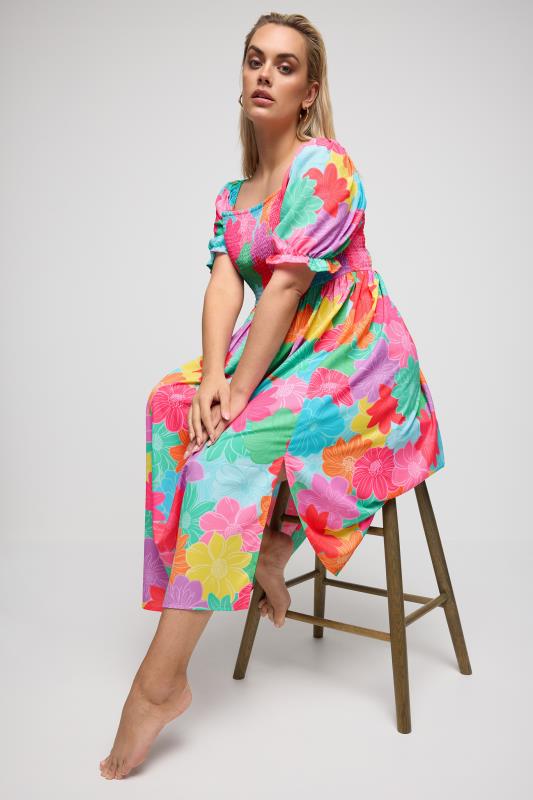 YOURS Plus Size Pink & Blue Floral Print Shirred Midaxi Dress | Yours Clothing 2