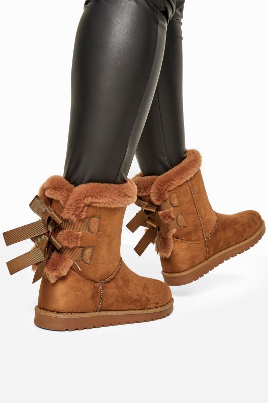 Brown Vegan Faux Suede Bow Detail Boots In Extra Wide EEE Fit 1