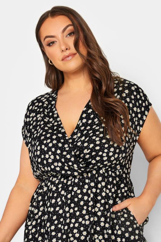 YOURS Plus Size Black Daisy Print High Low Wrap Dress | Yours Clothing