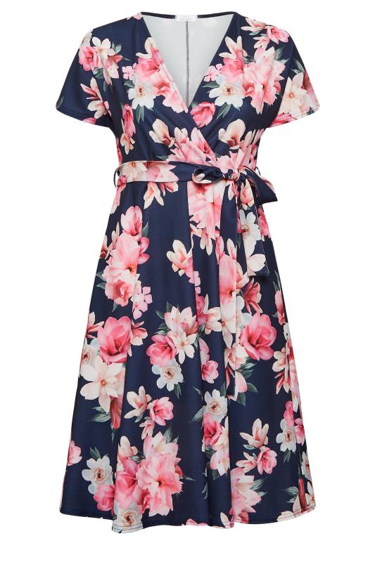 YOURS LONDON Curve Plus Size Navy Blue & Pink Floral Skater Wrap Dress | Yours Clothing 6