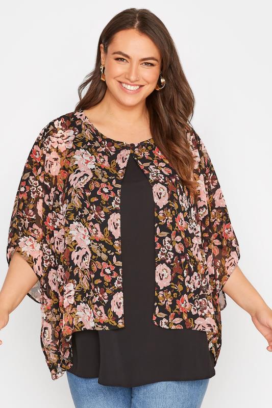 Curve Black Floral Double Layered Blouse | Yours Clothing 1