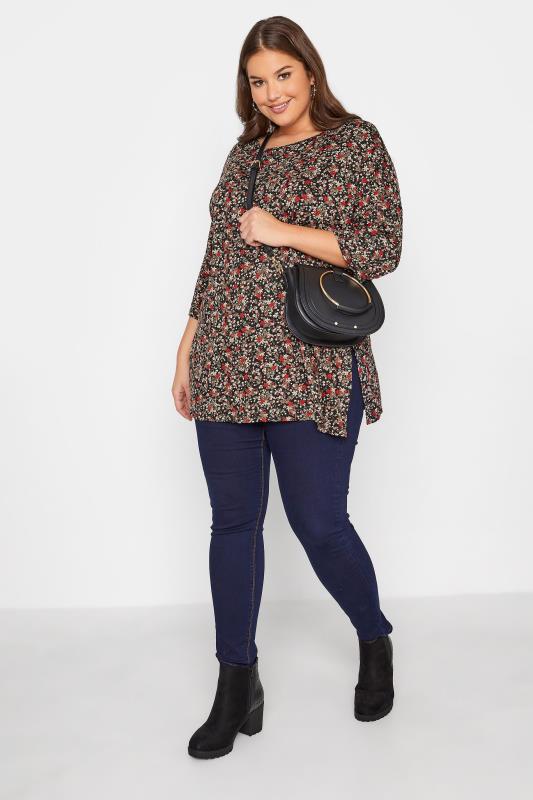 Plus Size Black Ditsy Floral T-Shirt | Yours Clothing 2