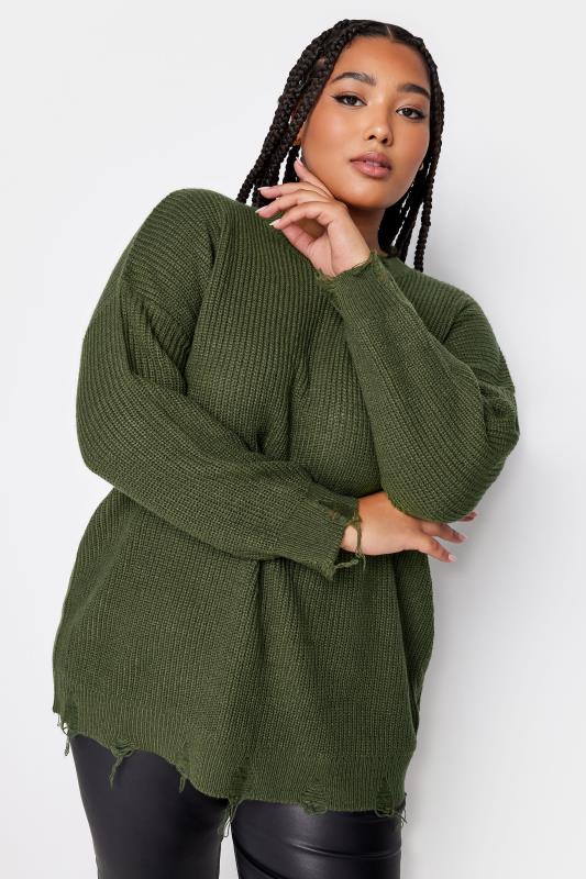 Plus Size  YOURS Curve Green Distressed Knitted Jumper