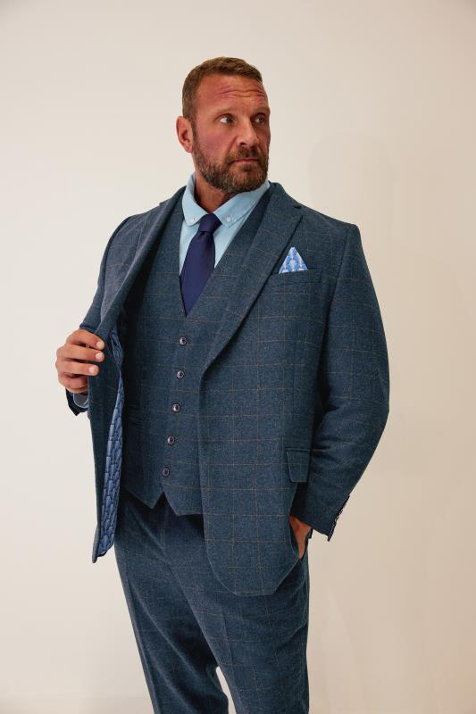  Grande Taille BadRhino Tailoring Big & Tall Blue Tweed Check Wool Mix Suit Jacket