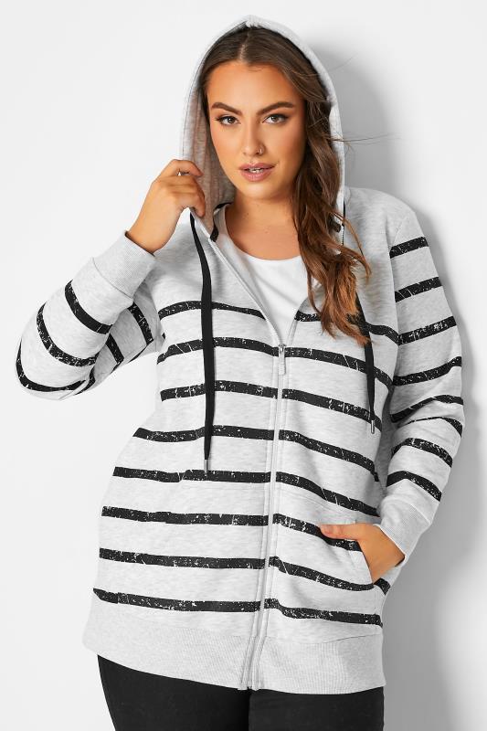 Plus Size Grey Stripe Print Zip Hoodie | Yours Clothing 4