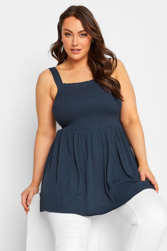 YOURS Plus Size Navy Blue Crinkle Vest Top | Yours Clothing 1