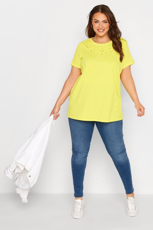 Plus Size Yellow Broderie Anglaise Neckline T-Shirt | Yours Clothing 2