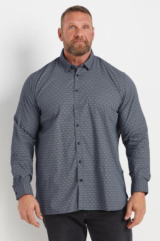 D555 Big & Tall Navy Blue Geometric Print Button Shirt | BadRhino 1