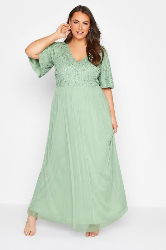 LUXE Curve Sage Green Sequin Hand Embellished Maxi Dress 2