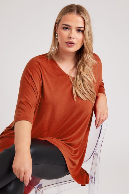 YOURS LONDON Plus Size Brown Dipped Hem Longline Tunic | Yours Clothing 2