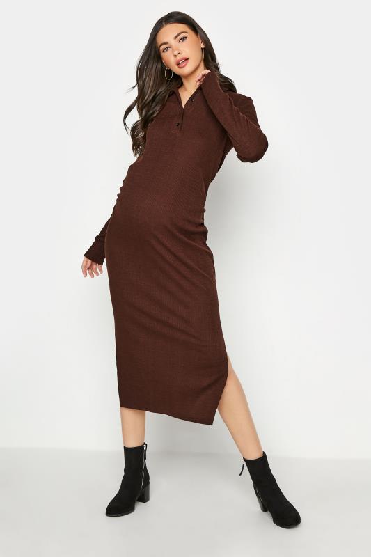 LTS Maternity Brown Ribbed Polo Midi Dress | Long Tall Sally 1