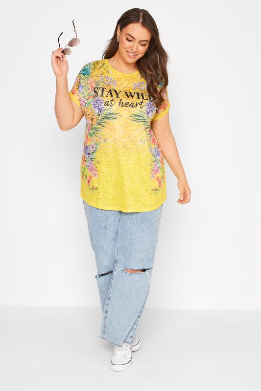 Curve Yellow 'Stay Wild At Heart' Floral Printed Slogan T-Shirt 2