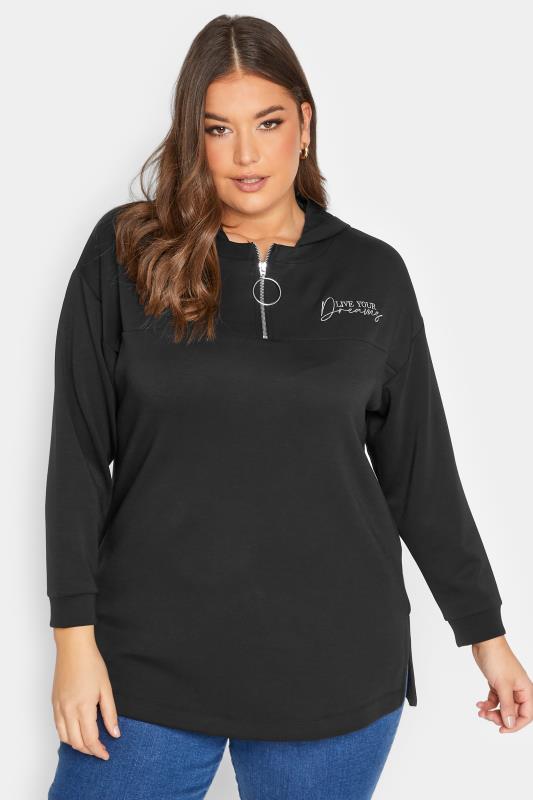 Plus Size Black 'Live Your Dreams' Zip Detail Hoodie | Yours Clothing 1