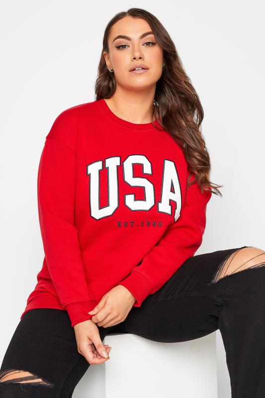 Plus Size Red 'USA' Embroidered Slogan Sweatshirt | Yours Clothing 4