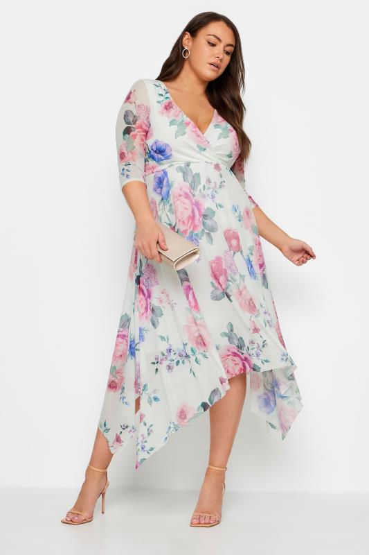 YOURS LONDON Plus Size White Floral Print Mesh Wrap Dress | Yours Clothing 2
