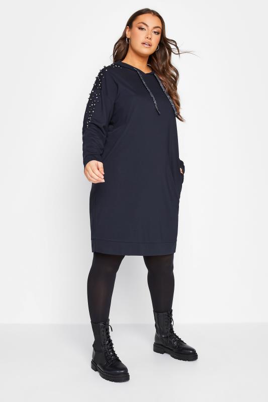 Plus Size Navy Blue Embellished Hoodie Dress | Yours Clothing 2