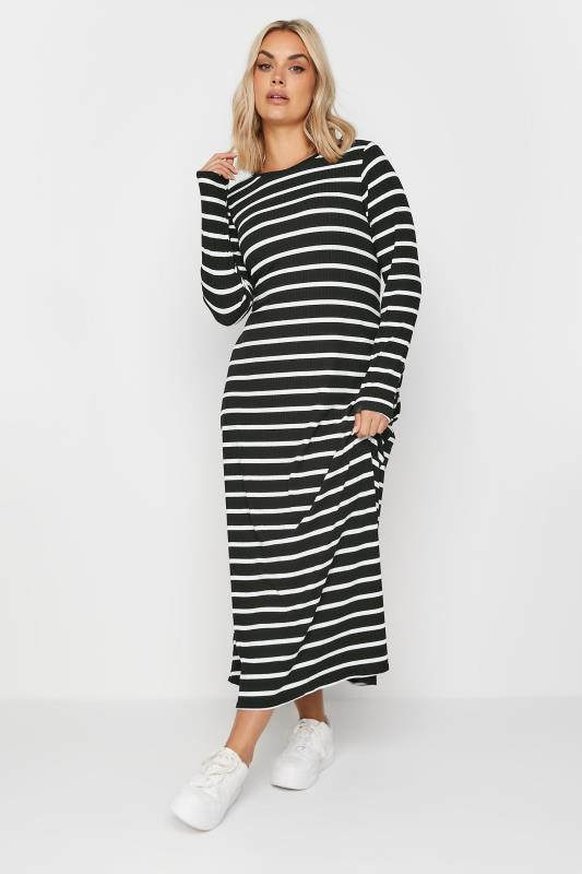 YOURS Plus Size Black Stripe Long Sleeve Maxi Dress | Yours Clothing 1