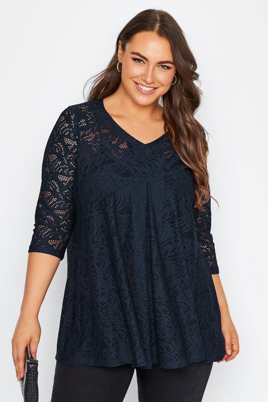 Plus Size Navy Blue Broderie Anglaise V-Neck Top | Yours Clothing 1