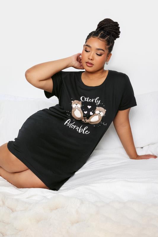 YOURS Plus Size Black 'Otterly Adorable' Slogan Print Nightdress | Yours Clothing 1
