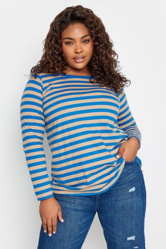 YOURS Curve Blue Stripe Long Sleeve T-Shirt | Yours Clothing 1