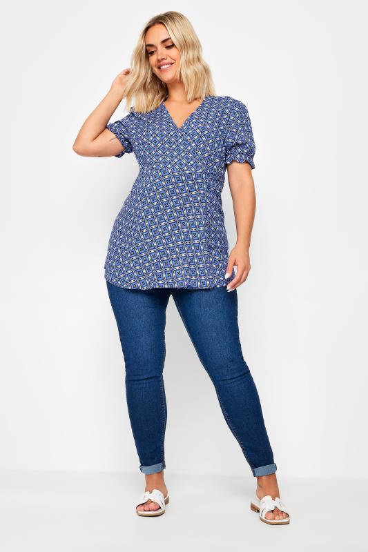YOURS Plus Size Blue Wrap Frill Sleeve Blouse | Yours Clothing 2