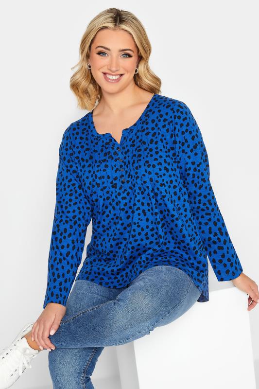 YOURS PETITE Plus Size Cobalt Blue Animal Print Cotton Henley T-Shirt | Yours Clothing 1