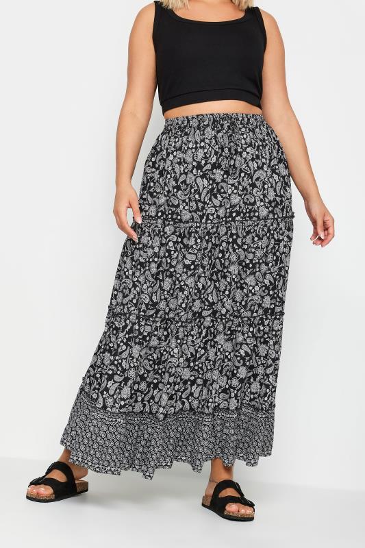  YOURS Curve Black Floral Print Tiered Maxi Skirt
