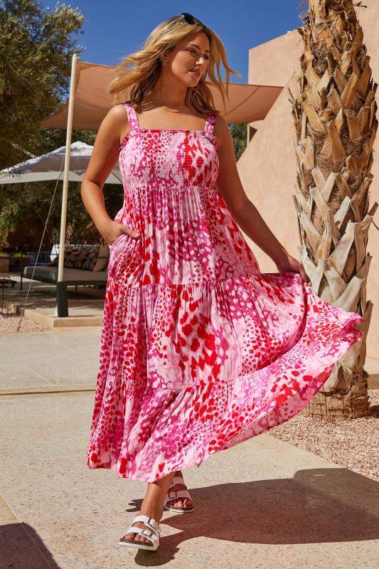 YOURS Plus Size Pink Animal Markings Shirred Strappy Sundress | Yours Clothing 1