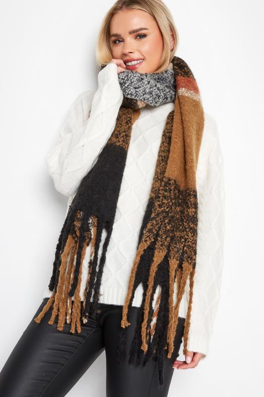 Plus Size  Yours Brown & Black Check Chunky Tassel Scarf