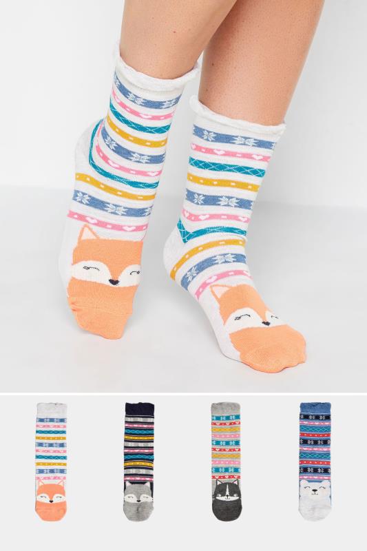 Plus Size  4 PACK Grey & Orange Fairisle Animal Print Socks