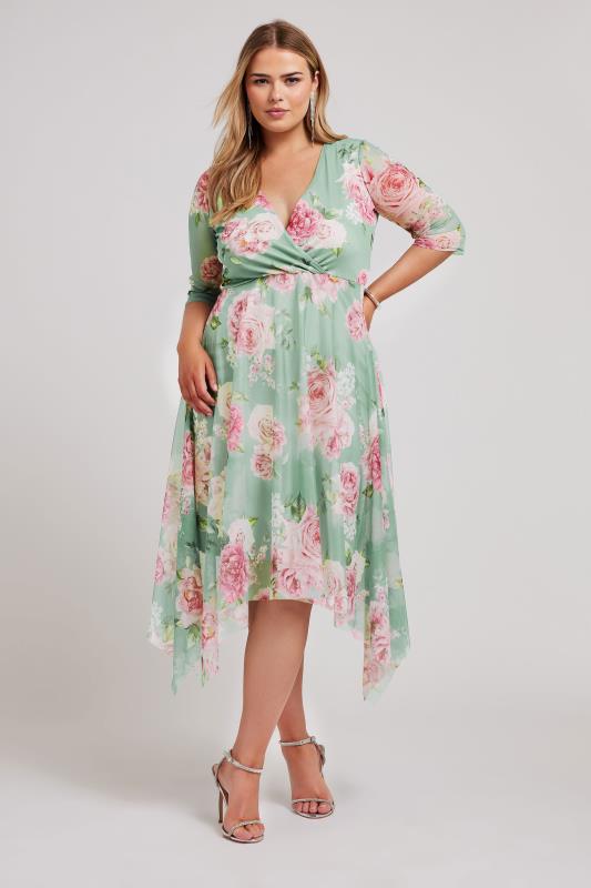 YOURS LONDON Plus Size Green Floral Print Hanky Hem Dress | Yours Clothing 2