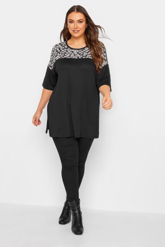 YOURS Plus Size Black Floral Panel Top | Yours Clothing 2