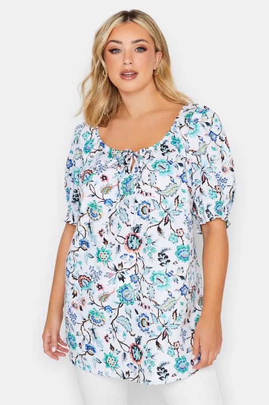YOURS Plus Size White & Blue Floral Print Gypsy Top | Yours Clothing 1