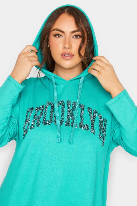 YOURS Plus Size Curve Turquoise Green 'Brooklyn' Slogan Longline Hoodie | Yours Clothing  4