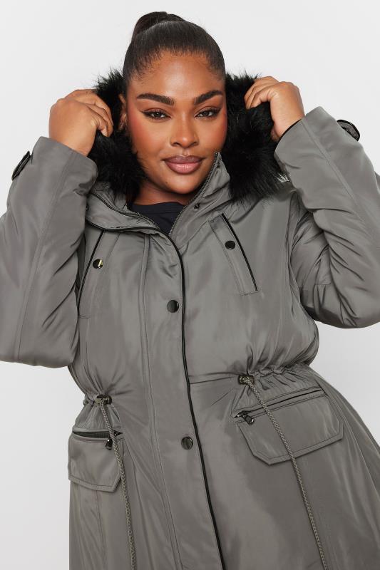 YOURS Plus Size Charcoal Grey Faux Fur Trim Plush Parka Jacket | Yours Clothing 5