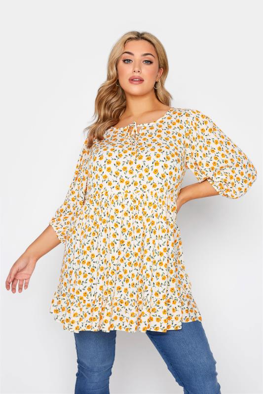 LIMITED COLLECTION Curve White & Yellow Floral Frill Hem Tunic Top 1