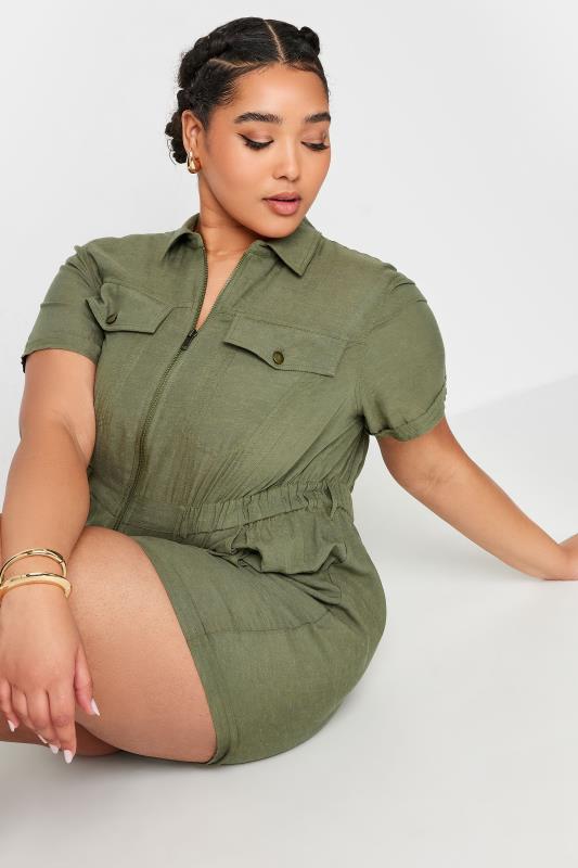 YOURS Plus Size Khaki Green Linen Look Utility Playsuit | Yours Clothing 5