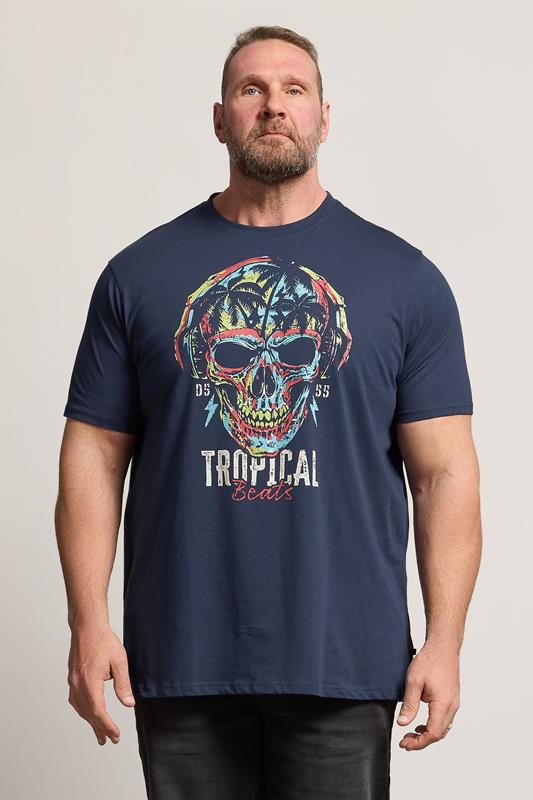  D555 Big & Tall T-shirt bleu marine foncé à imprimé tête de mort tropical