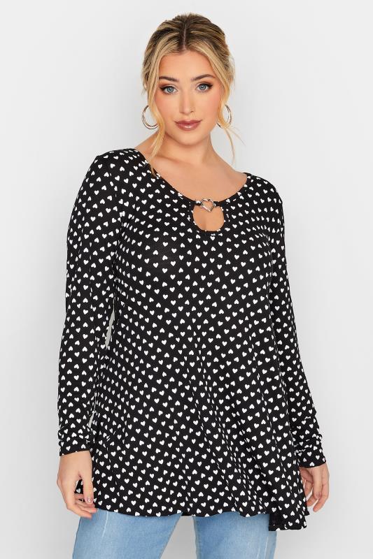 LIMITED COLLECTION Plus Size Black Heart Print Trim Cut Out Top | Yours Clothing 1