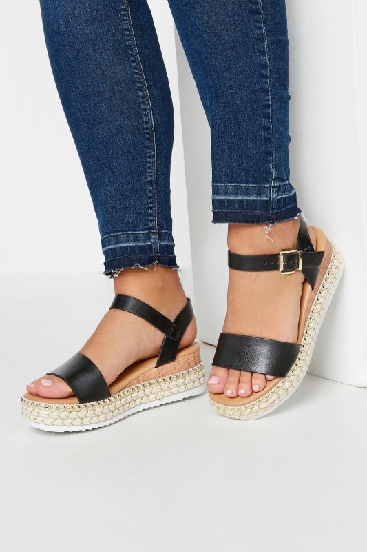 Black Platform Espadrille Wedge Heels In Wide E Fit & Extra Wide EEE Fit | Yours Clothing 1