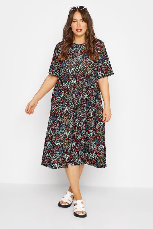 LIMITED COLLECTION Plus Size Black Floral Print Smock Dress | Yours Clothing 1