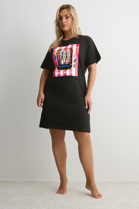 YOURS Plus Size Black 'Fresh Sardines' Sleep Tee Nightdress | Yours Clothing 1