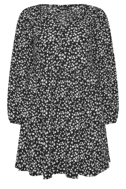 YOURS Plus Size Black Ditsy Floral Print Textured Mini Dress | Yours Clothing 5