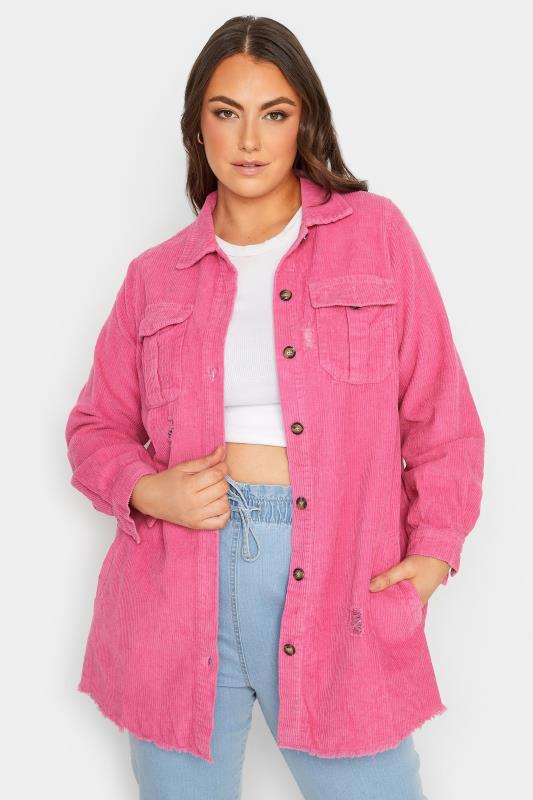 LIMITED COLLECTION Plus Size Hot Pink Ripped Cord Shacket | Yours Clothing  2