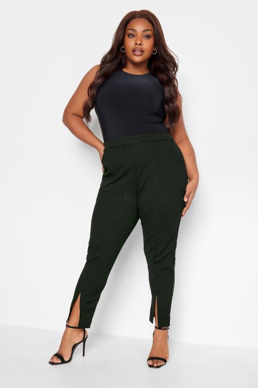 LIMITED COLLECTION Plus Size Black & Pink Glitter Split Hem Tapered Trousers | Yours Clothing 2