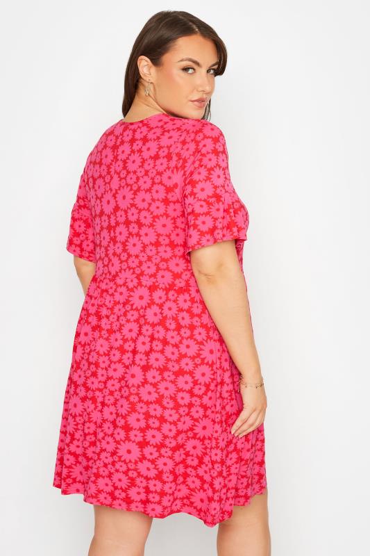 Curve Red & Pink Floral Print Smock Tunic Dress 4